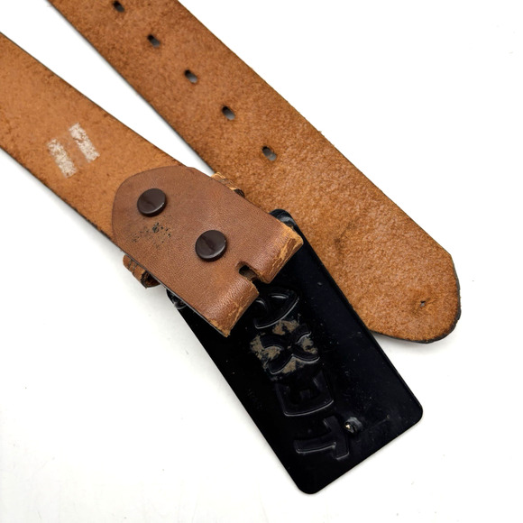 Vintage 70s Lyntone 2357 Brown Acorn Tooled TEXAS Solid Brass Buckle Belt 26-29\